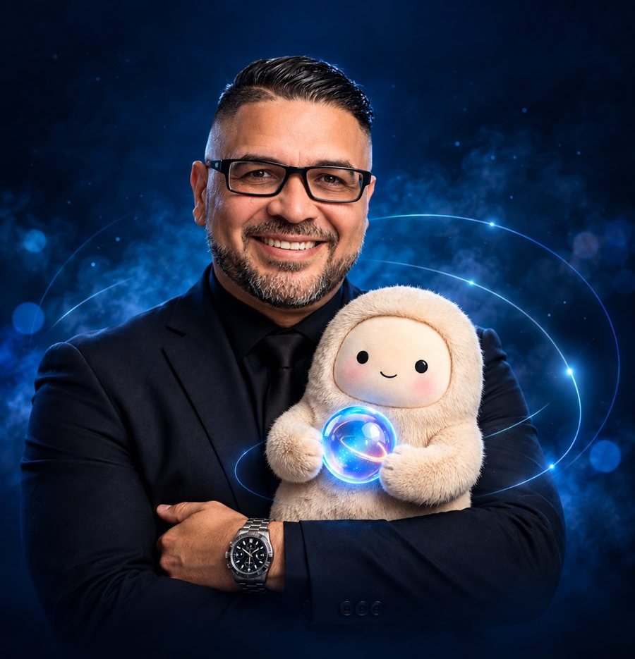 Michael Cruz sosteniendo a Muse con su orbe brillante